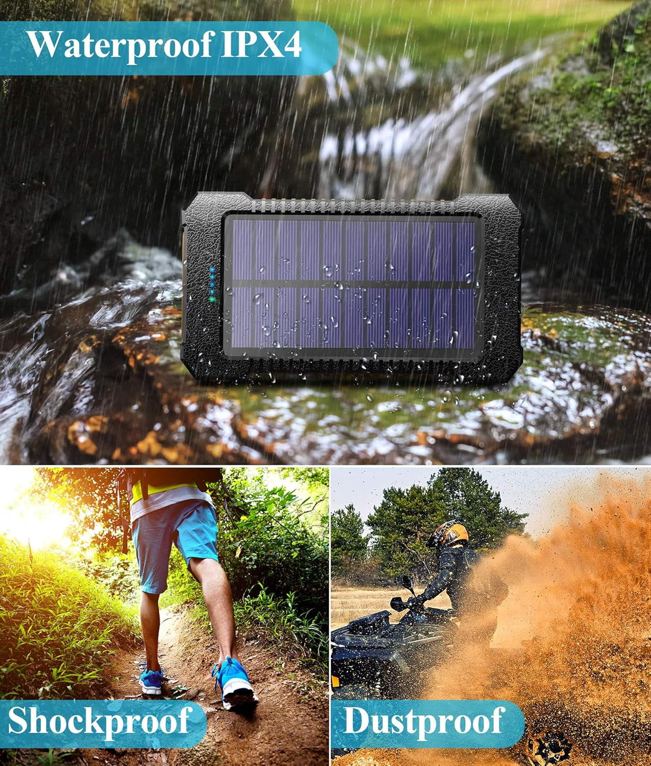 Solar Power Bank Portable Solar Phone Charger 26800Mah, Battery Pack with 2 USB Outputs/Led Flashlight Phone Chargers, Waterproof Solar Panel Charging