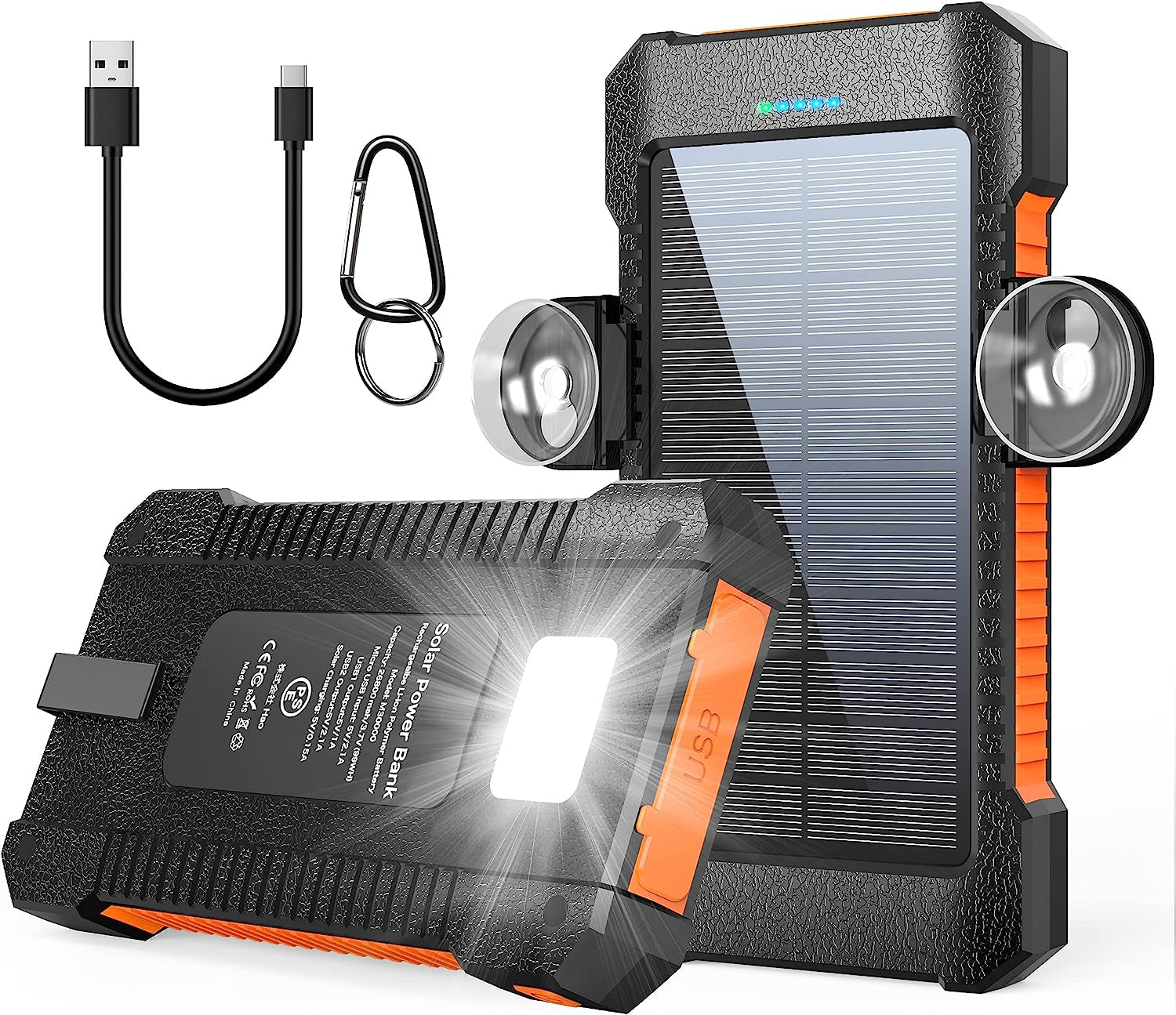 Solar Power Bank Portable Solar Phone Charger 26800Mah, Battery Pack with 2 USB Outputs/Led Flashlight Phone Chargers, Waterproof Solar Panel Charging