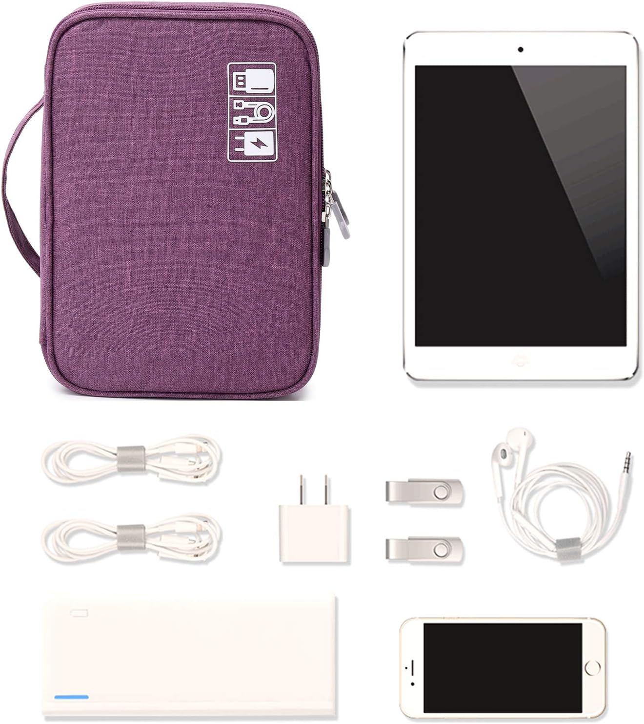 Travel Cable Organizer Bag, Electronic Accessories Case Portable Double Layer Cable Storage Bag for Cord,Phone,Charger, Flash Drive, Phone, SD Card,Personal Items - (Purple)
