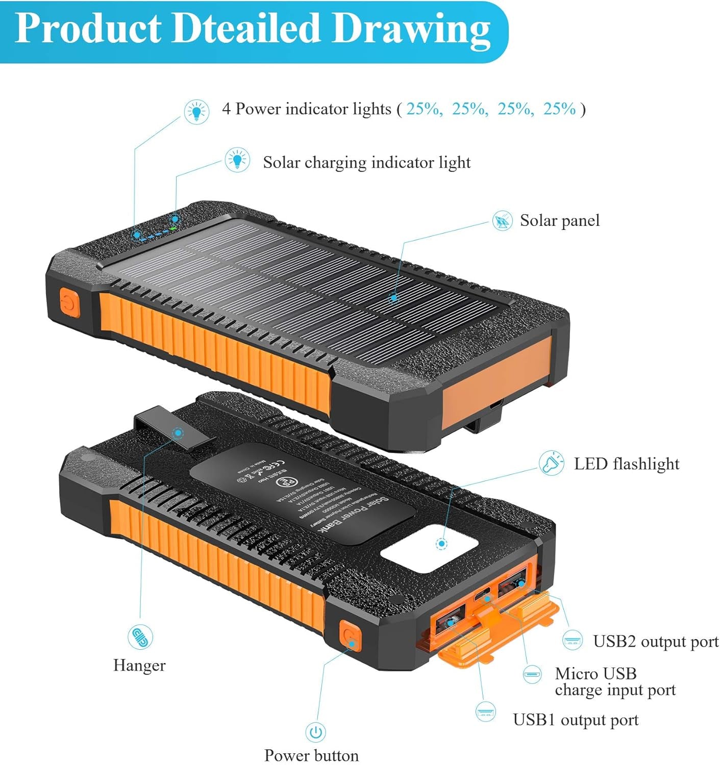 Solar Power Bank Portable Solar Phone Charger 26800Mah, Battery Pack with 2 USB Outputs/Led Flashlight Phone Chargers, Waterproof Solar Panel Charging